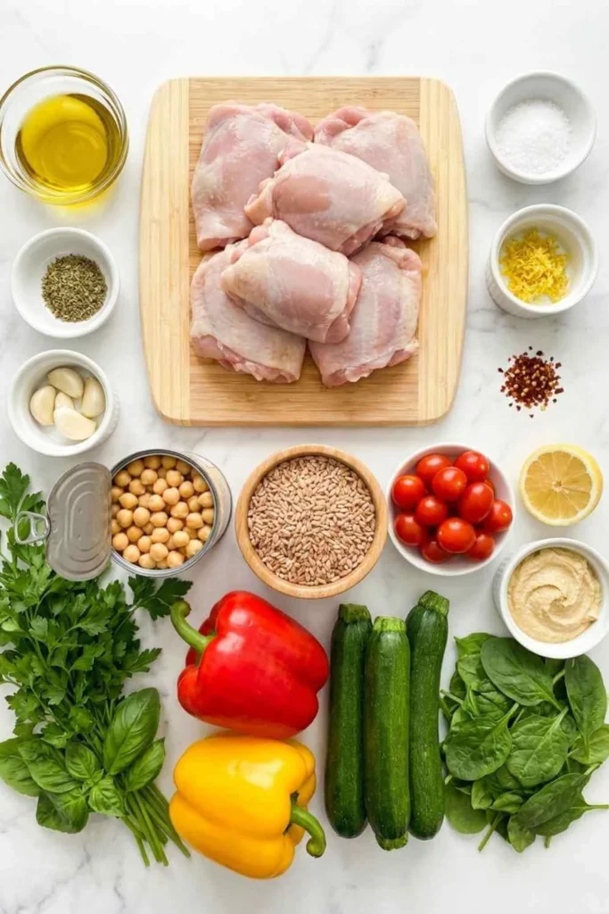 7-Day Mediterranean Diet Meal Prep for Busy People 1 Overhead flat lay of Mediterranean meal prep ingredients on white marble