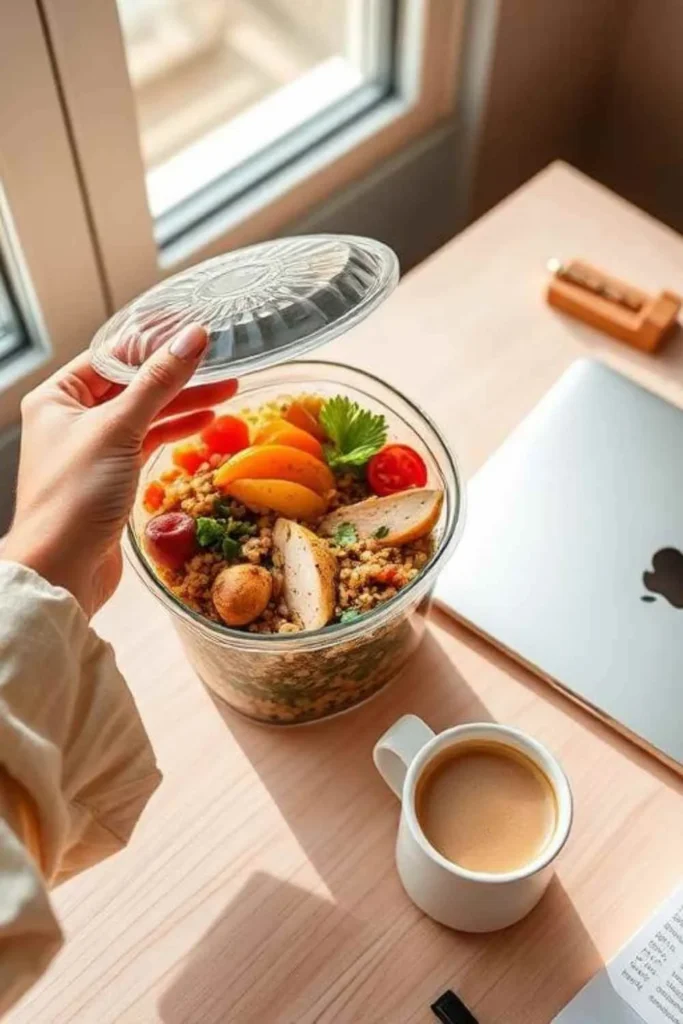 7-Day Mediterranean Diet Meal Prep for Busy People 7 Person opening Mediterranean meal prep container at office desk