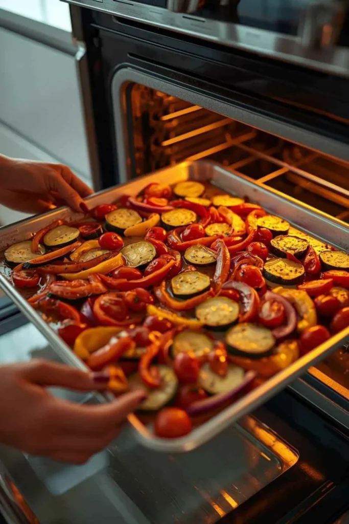 7-Day Mediterranean Diet Meal Prep for Busy People 2 Hands sliding sheet pan with Mediterranean vegetables into hot oven