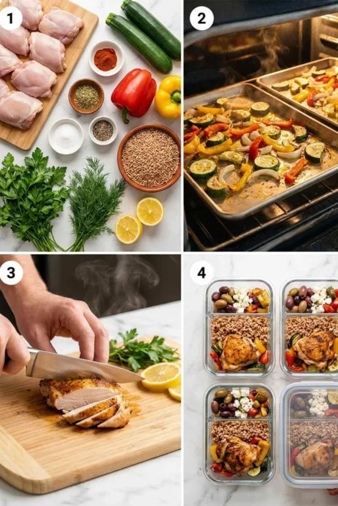 7-Day Mediterranean Diet Meal Prep for Busy People 4 Four-step Mediterranean meal prep process collage