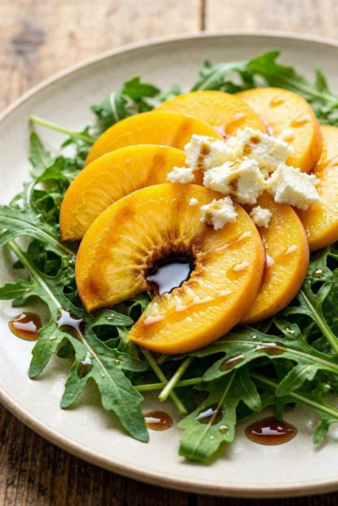 Fresh Peach Arugula Salad with Honey Balsamic Dressing 4 Close-up of peach slices and goat cheese crumbles with honey balsamic drizzle on arugula salad