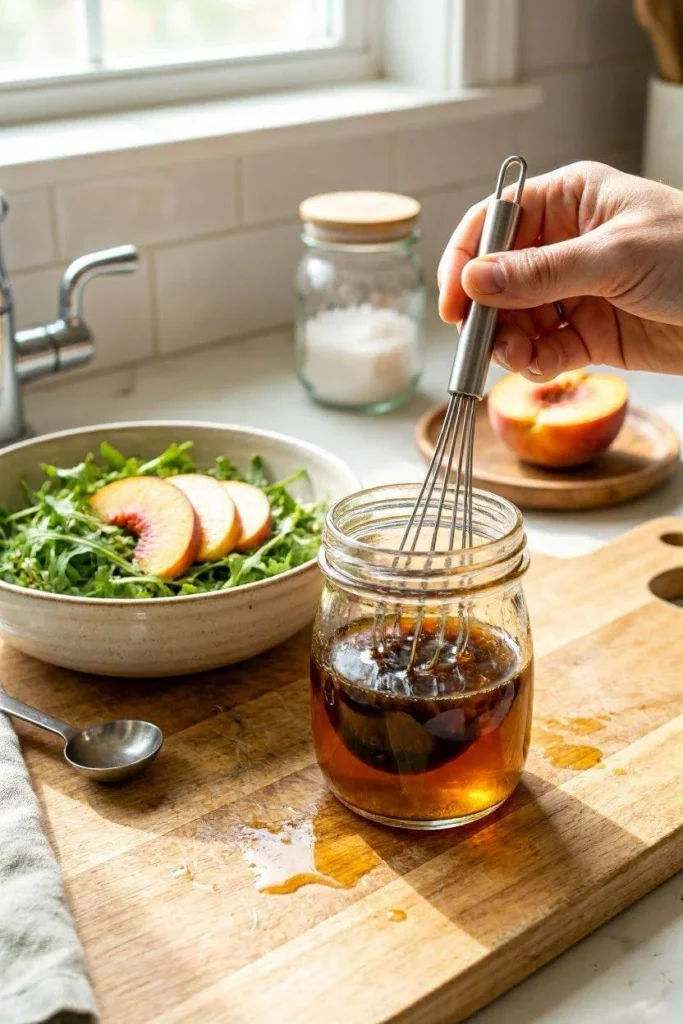 Fresh Peach Arugula Salad with Honey Balsamic Dressing 3 Hand whisking honey balsamic dressing in small glass jar for arugula peach salad