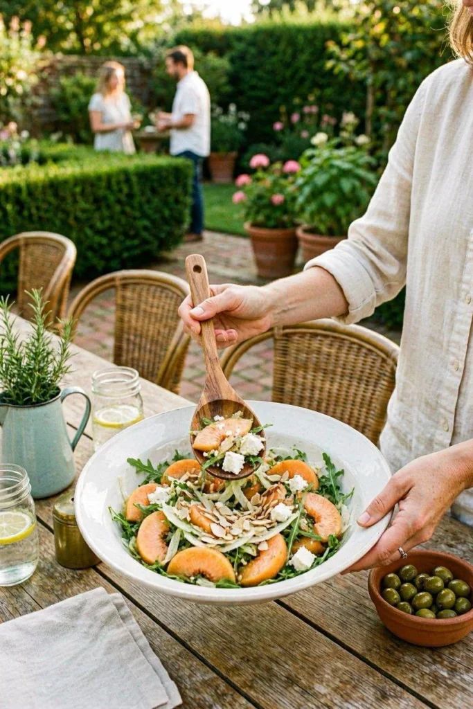 Fresh Peach Arugula Salad with Honey Balsamic Dressing 6 Person serving peach arugula salad from large white bowl at summer outdoor dining table