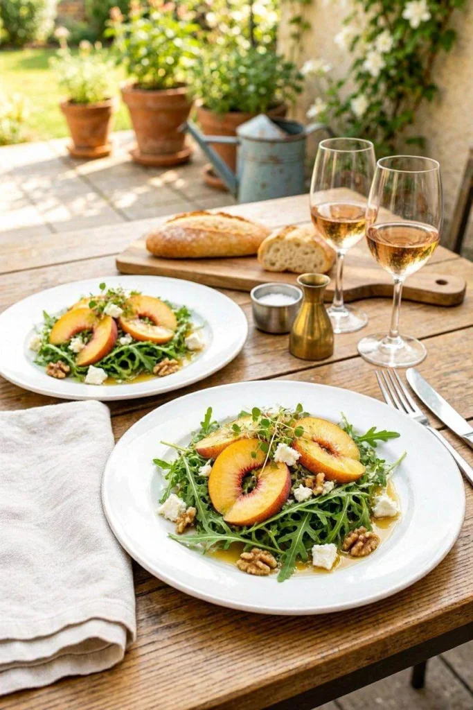 Fresh Peach Arugula Salad with Honey Balsamic Dressing 5 Peach arugula salad served on dinner table with white plates and summer table setting