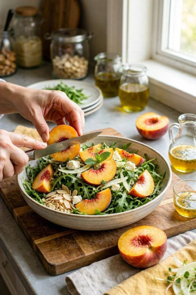 Fresh Peach Arugula Salad with Honey Balsamic Dressing 2 Hand slicing ripe peaches on wooden cutting board for peach arugula salad preparation