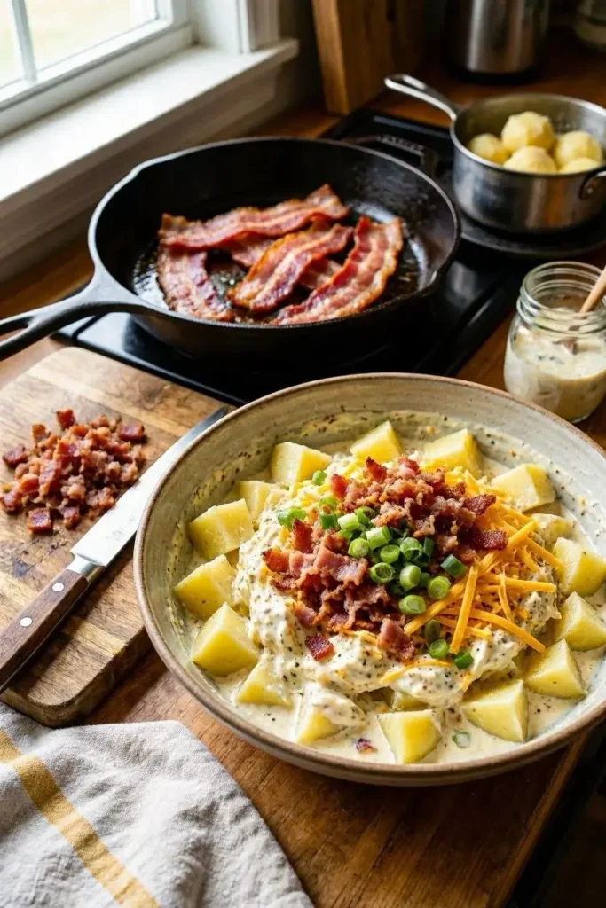 15 Potato Salad Recipe Ideas to Fill Your Summer Salad Bowl 11 High-end food blog style loaded potato salad recipe with crispy bacon pieces and cheddar cheese.