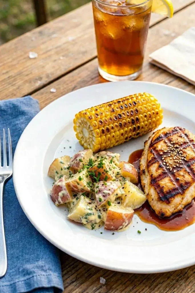 Creamy Herb Potato Salad with Red Potatoes Recipe 5 Creamy herb red skin potato salad served next to grilled chicken and corn on an outdoor dinner plate.