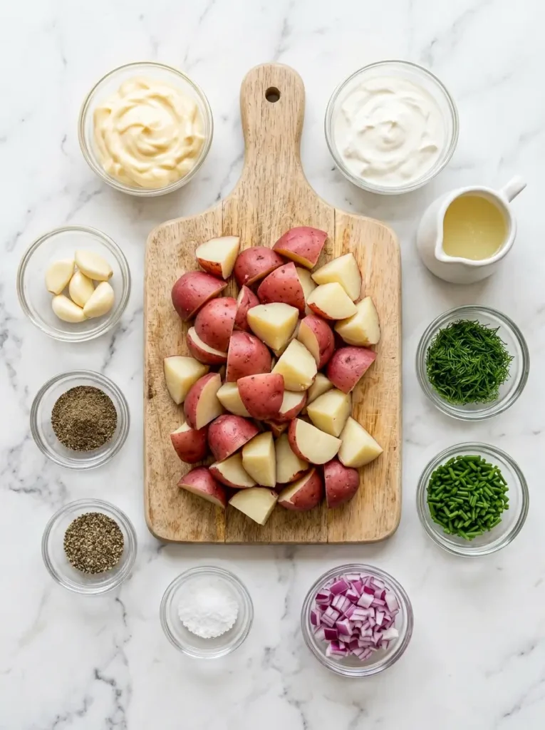 Creamy Herb Potato Salad with Red Potatoes Recipe 2 All ingredients for creamy red potato salad recipe arranged cleanly on a white marble kitchen countertop.