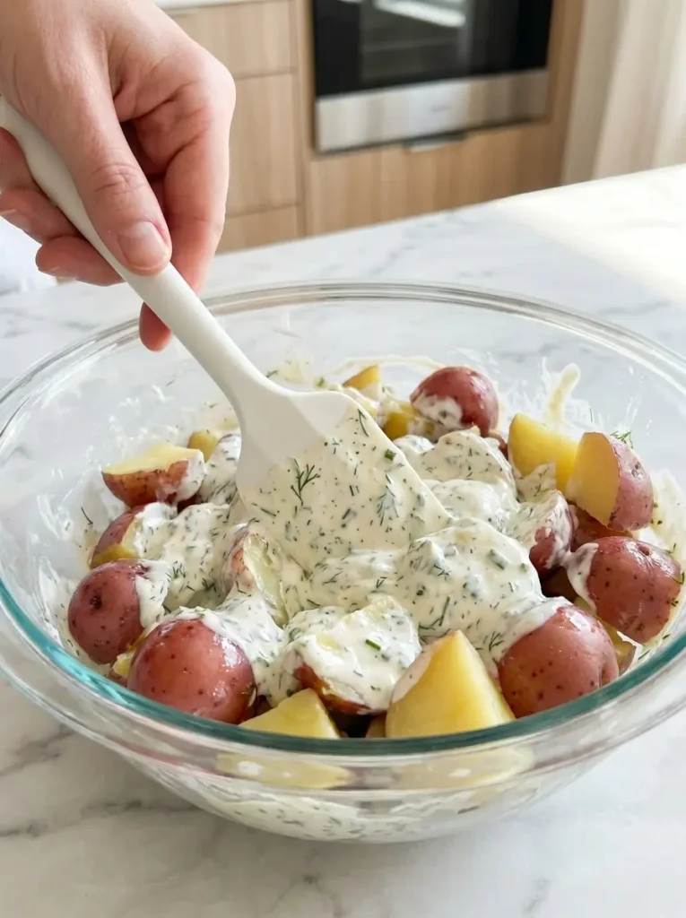 Creamy Herb Potato Salad with Red Potatoes Recipe 3 Hand folding rich sour cream herb dressing over cooked red skin potato chunks in a glass bowl.