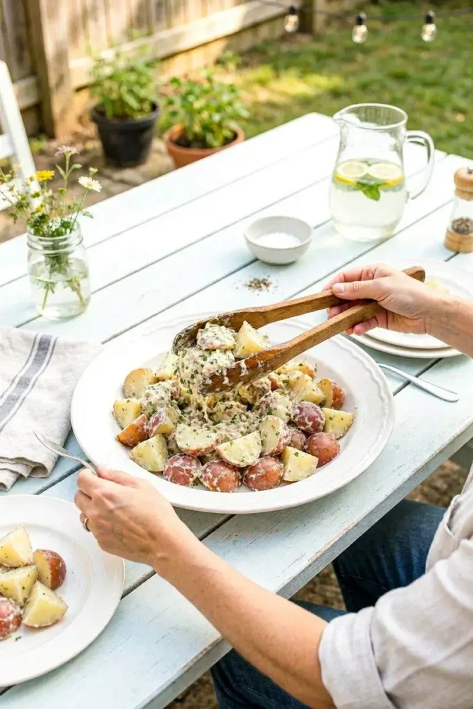 Creamy Herb Potato Salad with Red Potatoes Recipe 7 Hands using wooden salad tongs to serve homemade red skin potato salad at a family cookout.