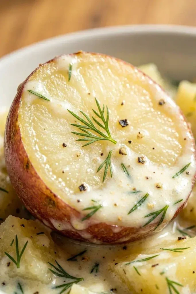 Creamy Herb Potato Salad with Red Potatoes Recipe 4 Macro close-up of thick herb cream coating over a tender red skin potato