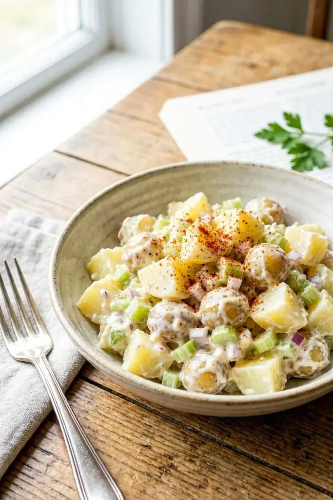 15 Potato Salad Recipe Ideas to Fill Your Summer Salad Bowl 4 Creamy and easy potato salad recipe served in a white ceramic salad bowl.