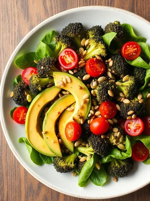 15 Easy Broccoli Salad Recipes for Any Occasion 11 Roasted broccoli and avocado salad with lemon tahini dressing cherry tomatoes and mixed seeds in a bowl