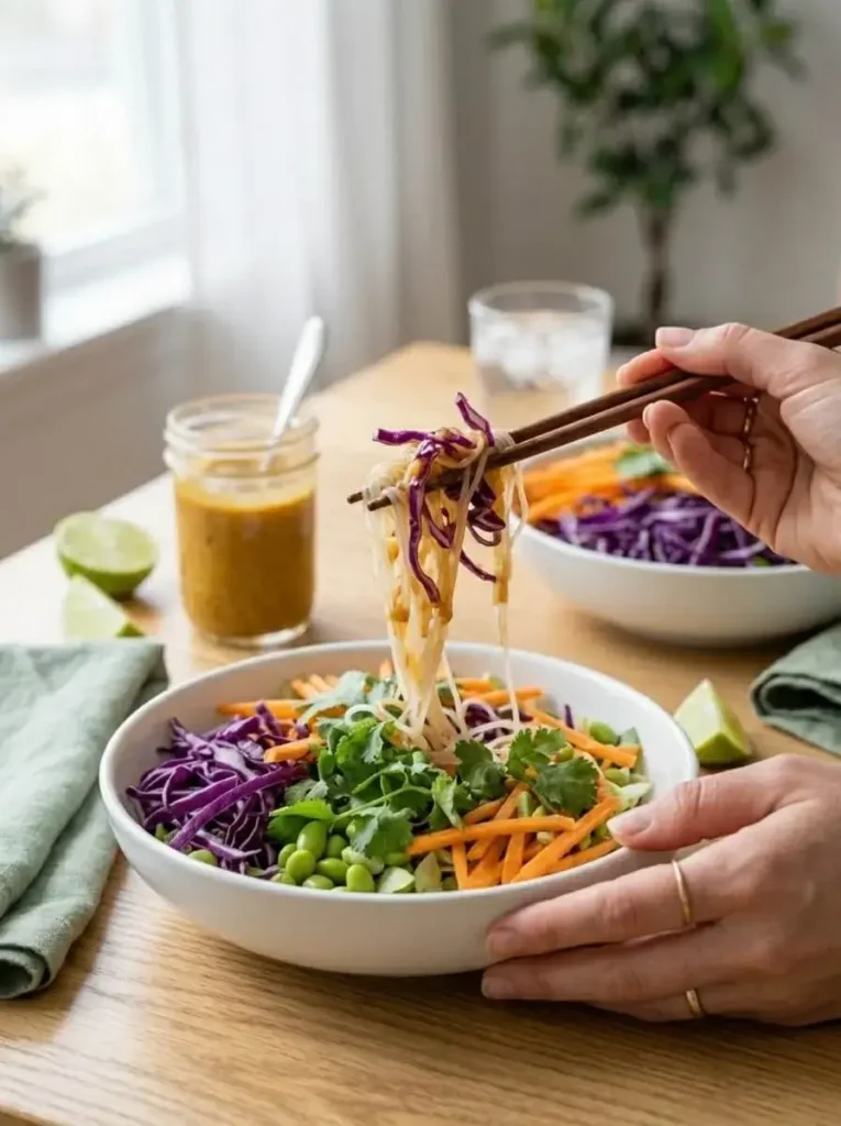 Spring Roll Salad Bowl with Peanut Dressing 5 Person holding chopsticks lifting a bite of rice noodles from a spring roll salad bowl