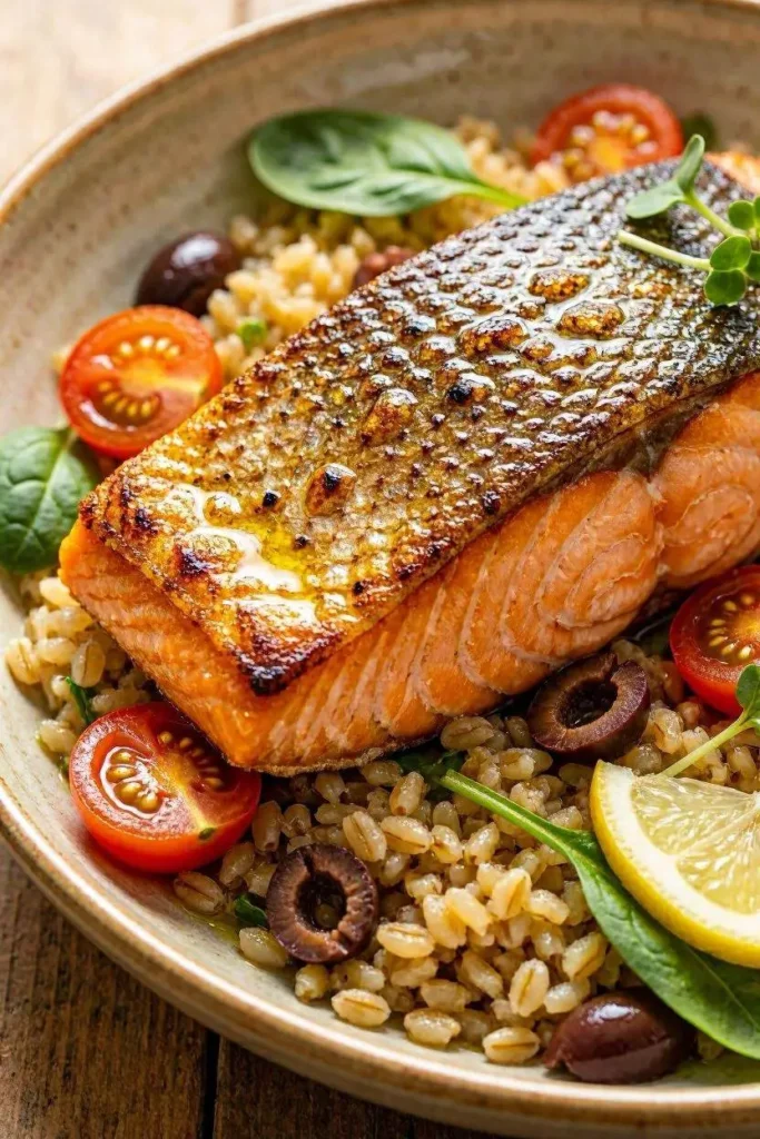 Salmon Mediterranean Bowl with Farro Recipe 2 Close-up of crispy golden salmon skin and flaky orange flesh in a Mediterranean farro bowl