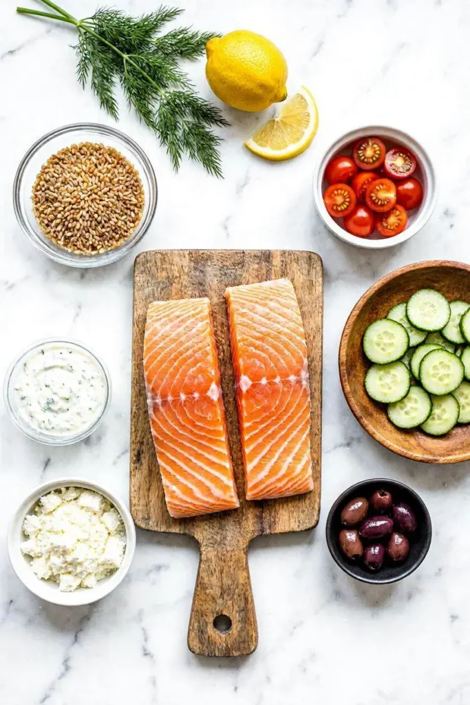 Salmon Mediterranean Bowl with Farro Recipe 3 ingredients for salmon Mediterranean farro bowl arranged on white marble counter including salmon, farro, cherry tomatoes, feta, and tzatziki
