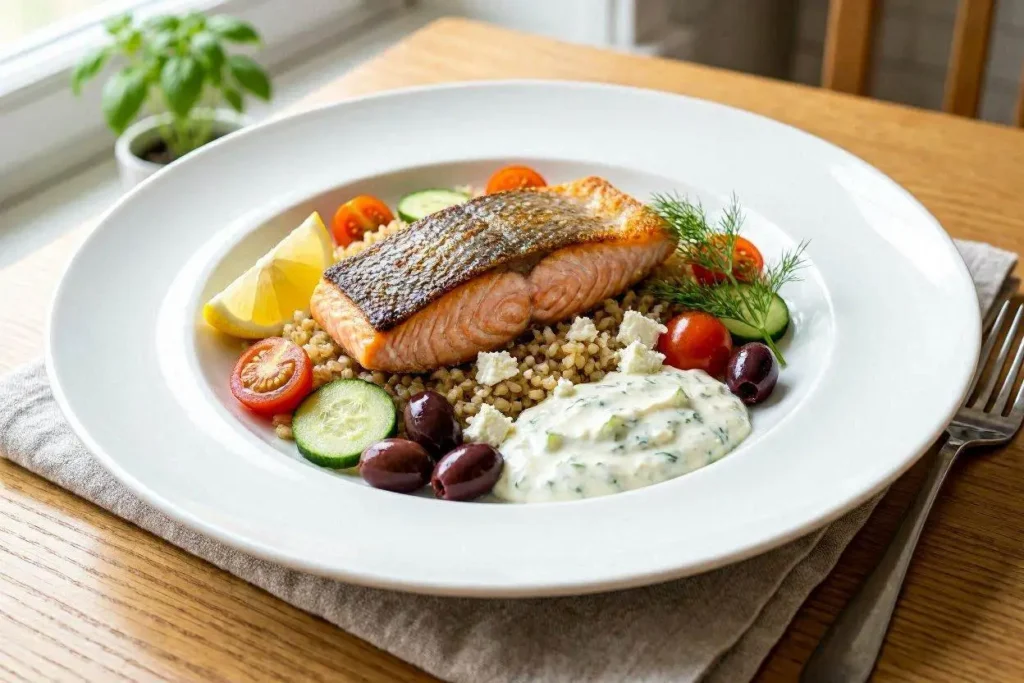 Salmon Mediterranean Bowl with Farro Recipe 1 Salmon Mediterranean bowl with farro, cherry tomatoes, cucumber, olives, and tzatziki on a white plate