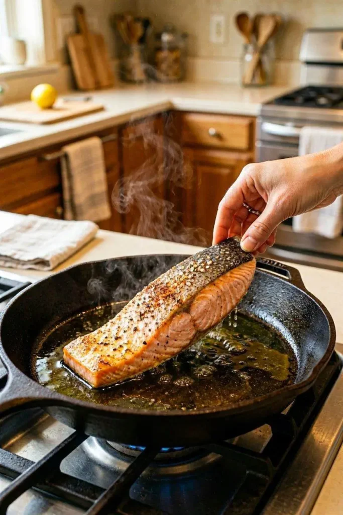 Salmon Mediterranean Bowl with Farro Recipe 4 Hand placing seasoned salmon fillet skin-side down into hot cast iron skillet for Mediterranean bowl