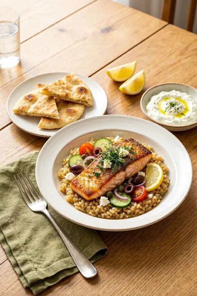 Salmon Mediterranean Bowl with Farro Recipe 5 Salmon Mediterranean bowl with farro served with warm pita and lemon wedges on rustic wooden dinner table