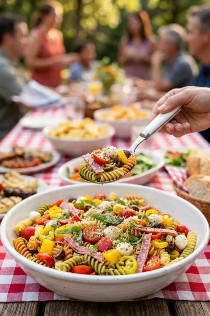 Classic Italian Pasta Salad Recipe - (Ready in 25 Min) 5 Hand serving Italian pasta salad with spoon at outdoor summer picnic gathering