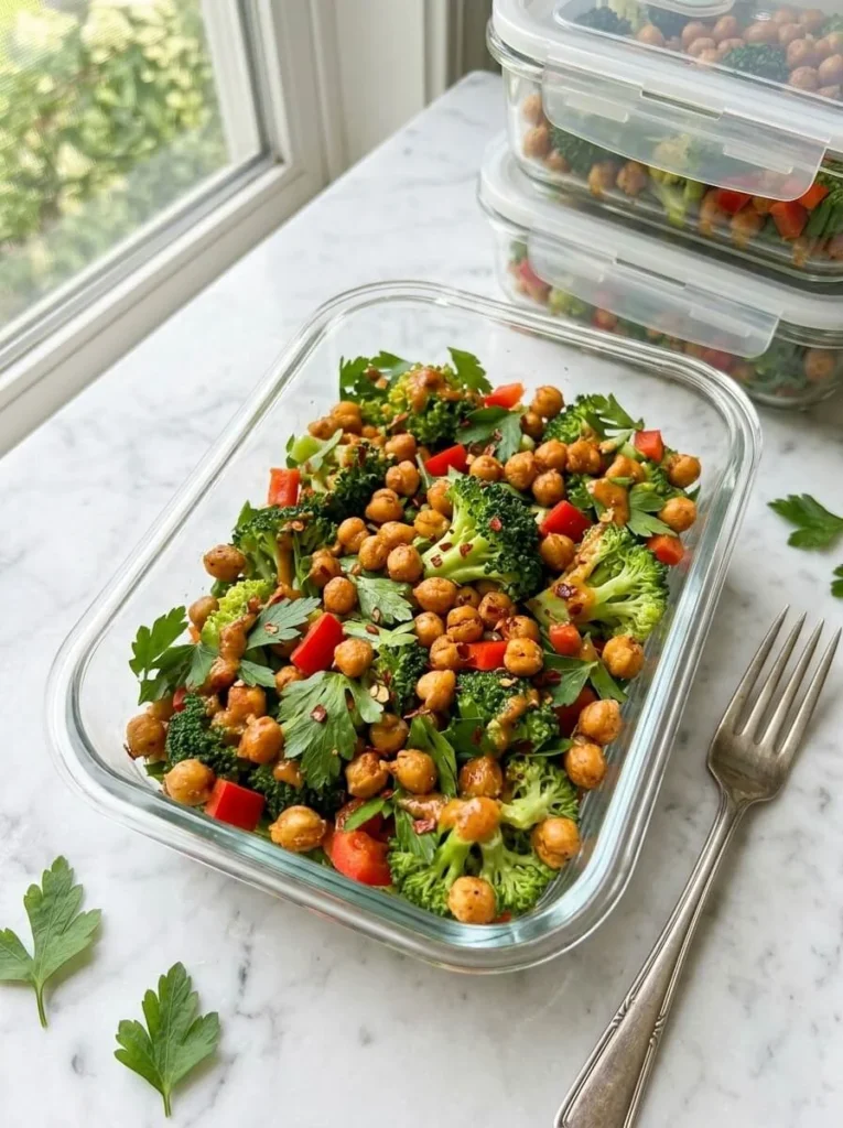 15 Easy Broccoli Salad Recipes for Any Occasion 13 Spicy broccoli and chickpea salad with warm cumin dressing in a meal prep glass container