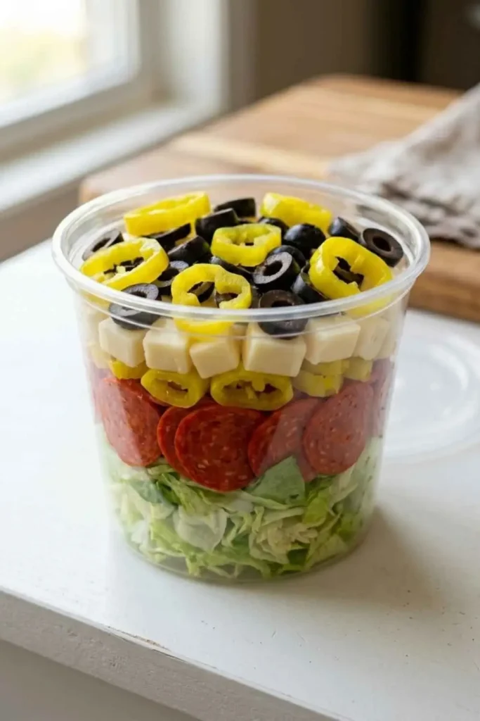 4 Italian Sub Salad Cups – Easy & Delicious 2 Spicy pepperoni Italian cup with banana peppers, provolone and black olives — bold low-carb salad