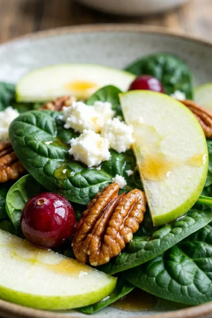 The Best Winter Spinach Salad with Apple and Cranberries 2 Close-up of winter spinach salad showing cranberries, toasted pecans, apple slices, and feta with honey mustard dressing