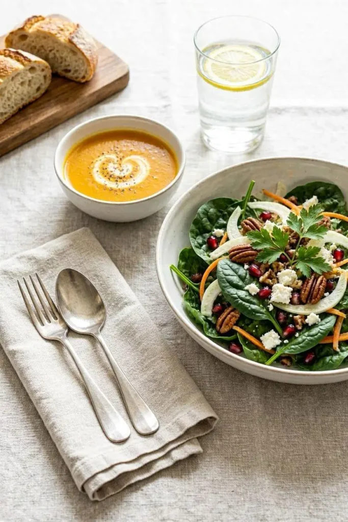 The Best Winter Spinach Salad with Apple and Cranberries 5 Winter spinach salad with apple and cranberries served alongside butternut squash soup on a linen tablecloth