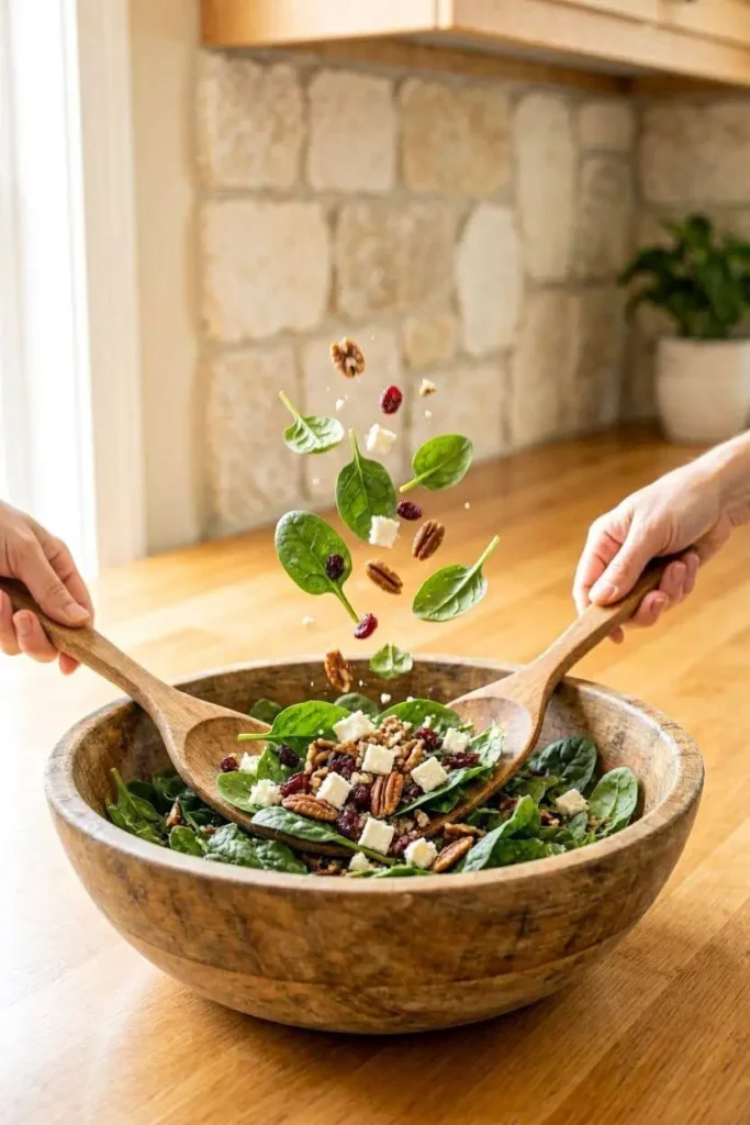 The Best Winter Spinach Salad with Apple and Cranberries 4 Hands tossing winter spinach salad with wooden servers in a large rustic wood bowl