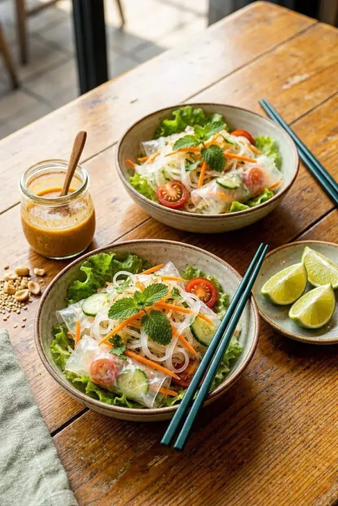 Spring Roll Salad Bowl with Peanut Dressing 4 spring roll salad bowls on a wooden table with chopsticks,