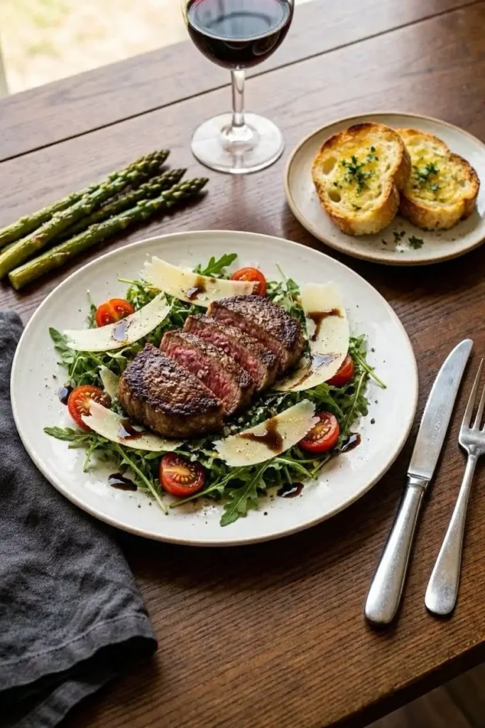 Steakhouse Salad Recipe - Garlic Butter Steak, 40 Min 6 Steakhouse salad served with garlic bread and asparagus on a dinner table