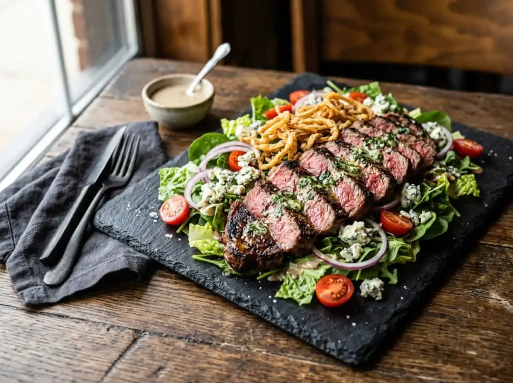 Steakhouse Salad Recipe - Garlic Butter Steak, 40 Min 1 Steakhouse salad with sliced garlic butter steak, blue cheese, and crispy onions