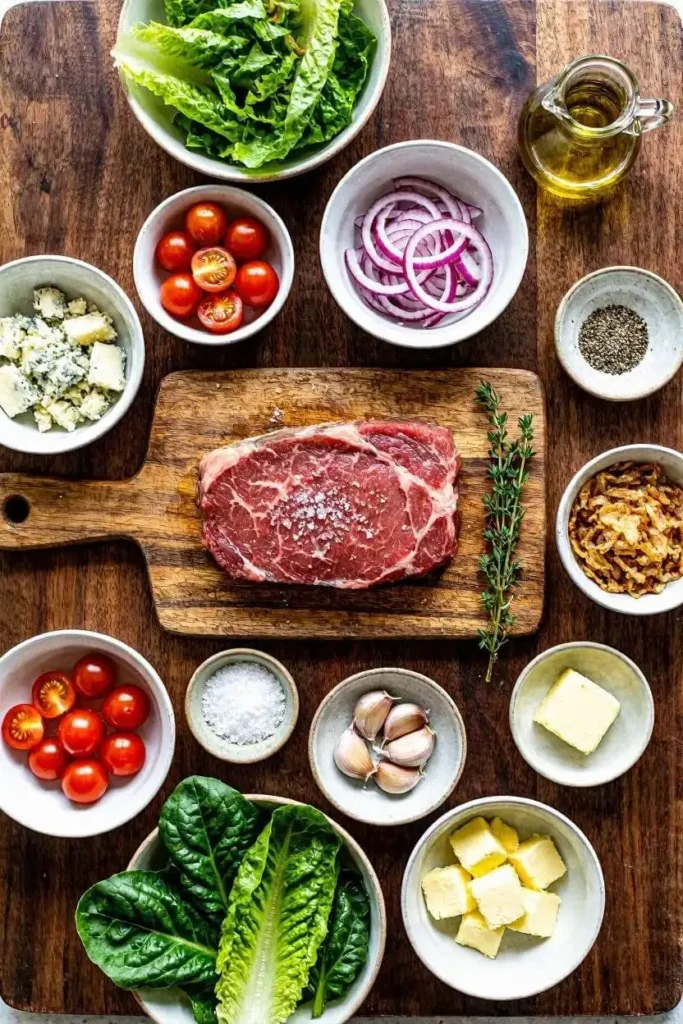 Steakhouse Salad Recipe - Garlic Butter Steak, 40 Min 3 All ingredients for steakhouse salad arranged on a wooden board including steak, greens, and blue cheese