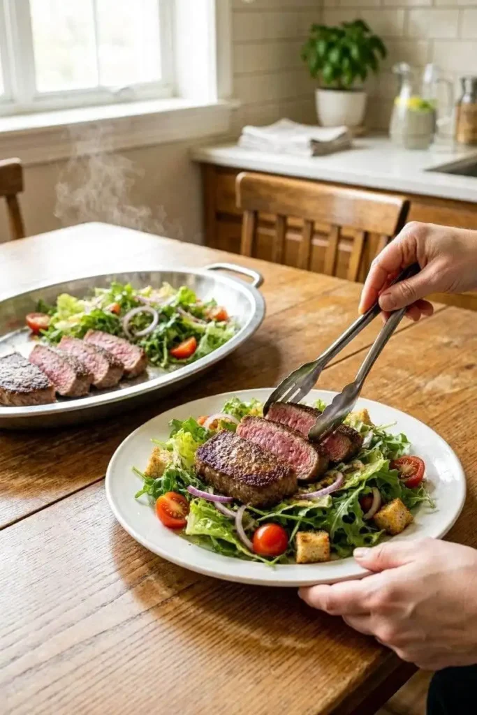 Steakhouse Salad Recipe - Garlic Butter Steak, 40 Min 5 Hands serving steakhouse salad with steak onto a dinner plate