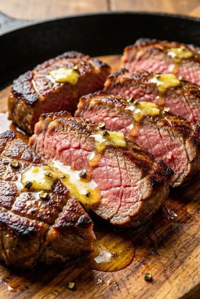 Steakhouse Salad Recipe - Garlic Butter Steak, 40 Min 2 Close-up of juicy sliced steak with melted garlic butter and seared crust