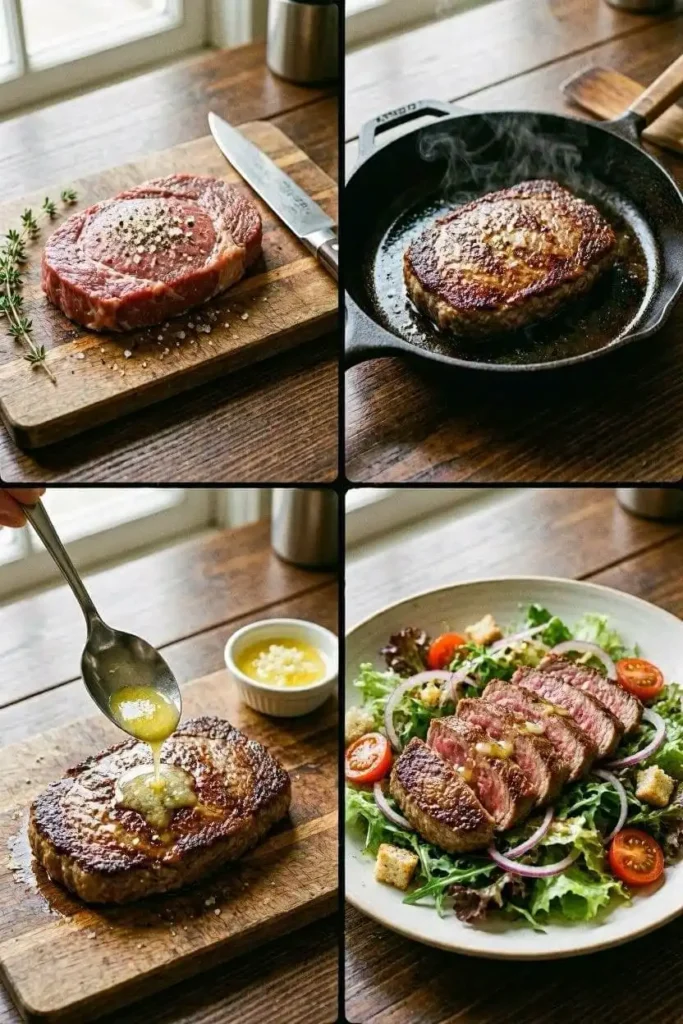 Steakhouse Salad Recipe - Garlic Butter Steak, 40 Min 4 Hand basting garlic butter over seared steak in cast iron skillet