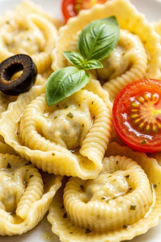 The Best Tortellini Cold Pasta Salad (Ready in 20 Minutes!) 2 Close-up of glossy cheese tortellini coated in Italian dressing with cherry tomatoes and basil in a cold pasta salad