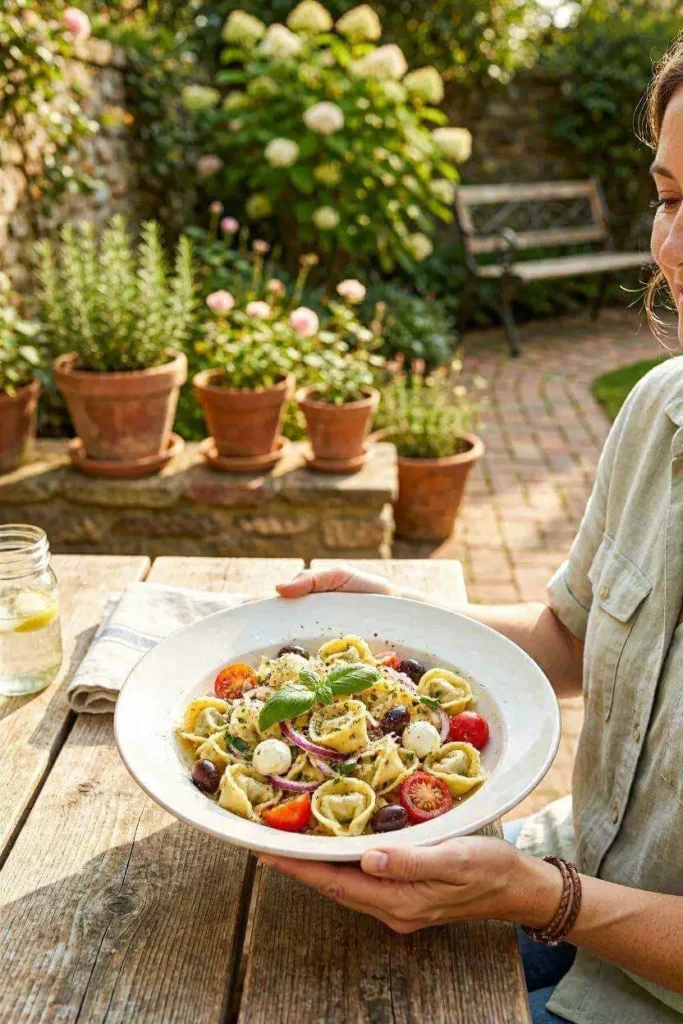 The Best Tortellini Cold Pasta Salad (Ready in 20 Minutes!) 6 Person holding a white bowl of tortellini cold pasta salad outdoors in a sunny garden setting