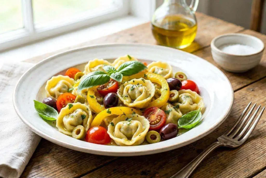The Best Tortellini Cold Pasta Salad (Ready in 20 Minutes!) 1 Tortellini cold pasta salad in a white ceramic bowl with cherry tomatoes, olives, bell pepper, and fresh basil