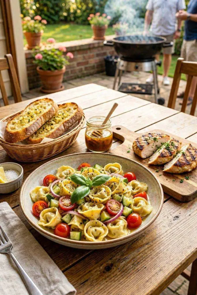 The Best Tortellini Cold Pasta Salad (Ready in 20 Minutes!) 5 Tortellini cold pasta salad served with grilled chicken and garlic bread on an outdoor dining table for a summer BBQ