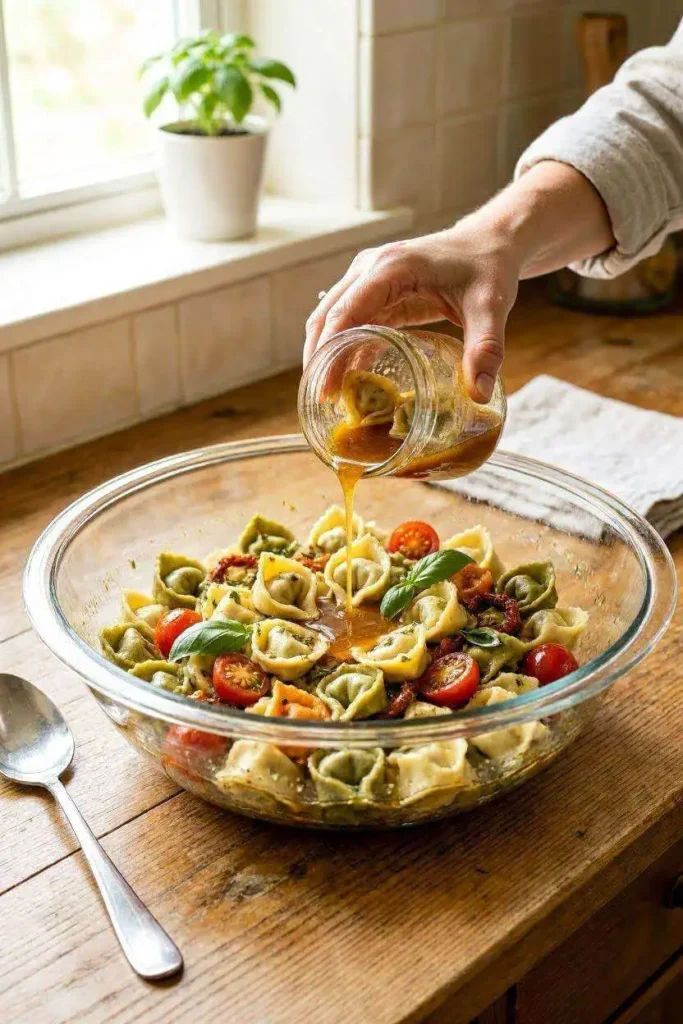 The Best Tortellini Cold Pasta Salad (Ready in 20 Minutes!) 4 Hand tossing tortellini cold pasta salad with Italian dressing being poured from a jar into a glass mixing bowl