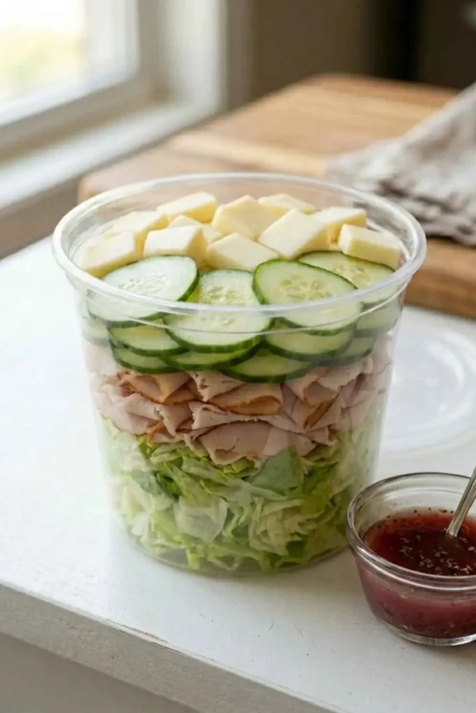 4 Italian Sub Salad Cups – Easy & Delicious 3 Turkey provolone salad cup with cucumber and red wine vinaigrette — high protein meal prep lunch