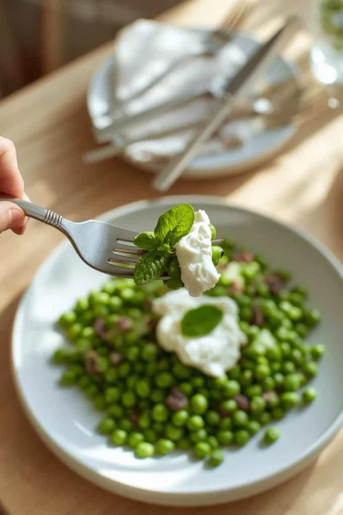 The Best Whipped Ricotta Recipe (Spring Pea & Mint Salad in 15 Minutes!) 6 Fork lifting a bite of whipped ricotta with spring peas and fresh mint