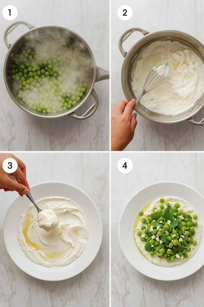 The Best Whipped Ricotta Recipe (Spring Pea & Mint Salad in 15 Minutes!) 5 Step-by-step whipped ricotta recipe showing blanching peas, whipping ricotta, spreading, and finished spring pea salad
