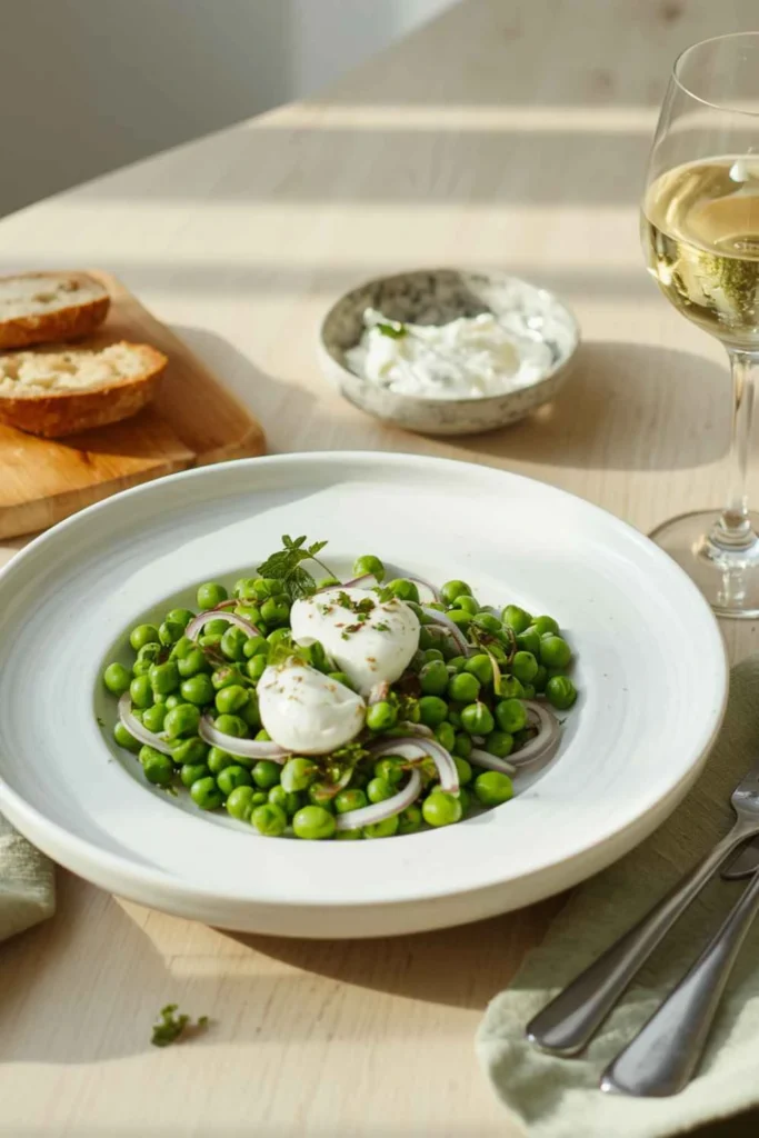 The Best Whipped Ricotta Recipe (Spring Pea & Mint Salad in 15 Minutes!) 7 Whipped ricotta recipe with spring peas served as a starter with sourdough bread and white wine