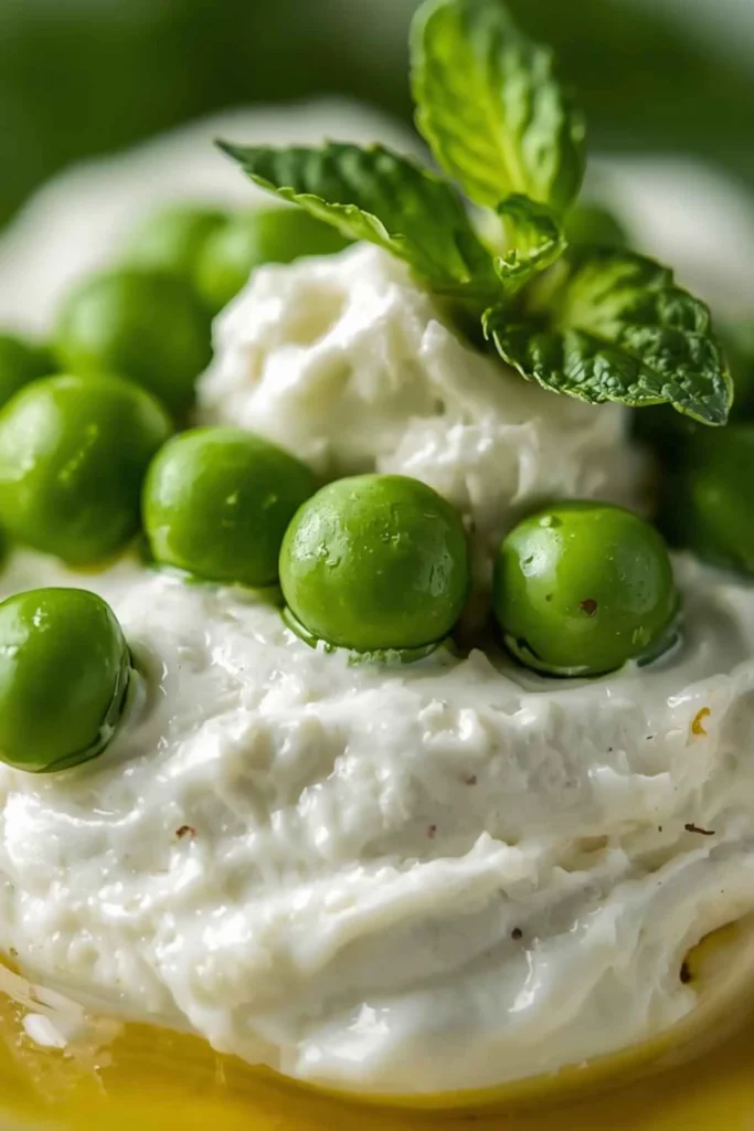The Best Whipped Ricotta Recipe (Spring Pea & Mint Salad in 15 Minutes!) 2 Close-up of fluffy whipped ricotta with bright green spring peas and olive oil drizzle