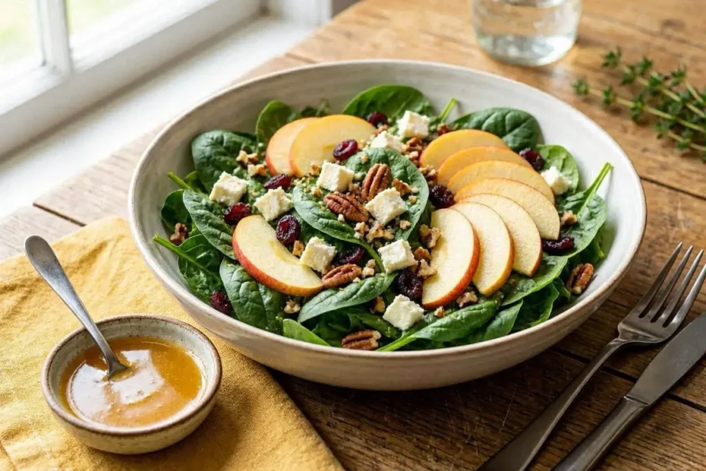 The Best Winter Spinach Salad with Apple and Cranberries 1 Winter spinach salad with apple slices, dried cranberries, toasted pecans, and feta in a white ceramic bowl