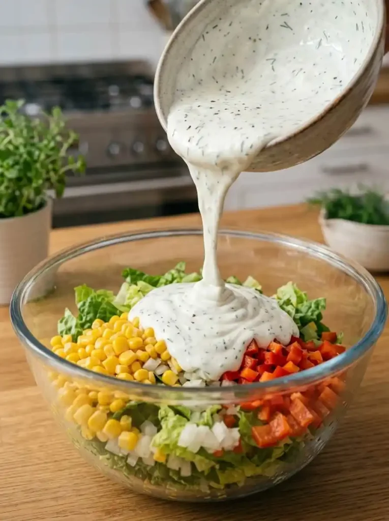 Crispy Pasta Salad Recipe - Ready in 25 Minutes 5 Hand Tossing Pasta dressing in a bowl