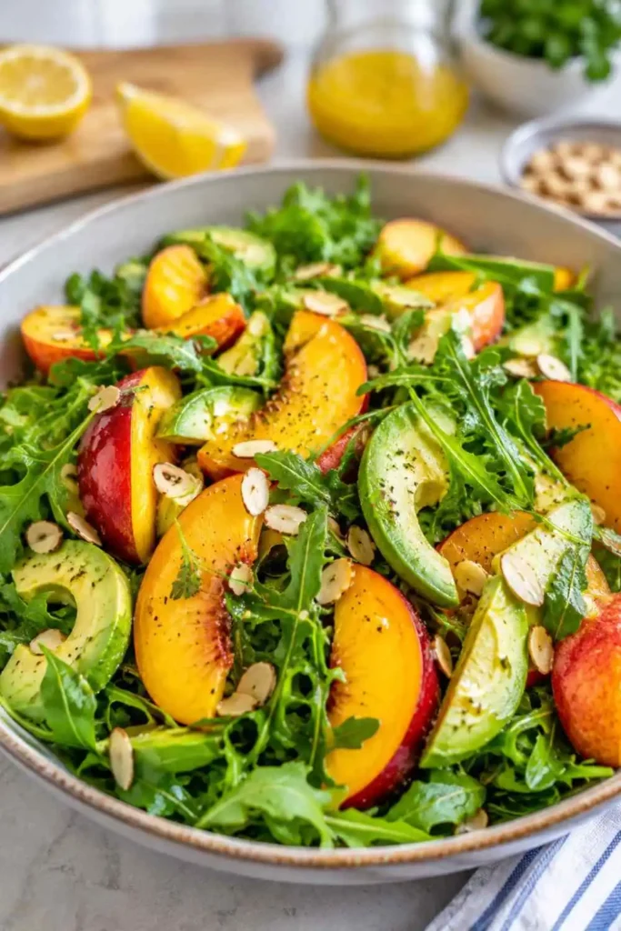 10 Best Fresh Peach Salad Recipes for Summer 4 arugula peach salad avocado almonds