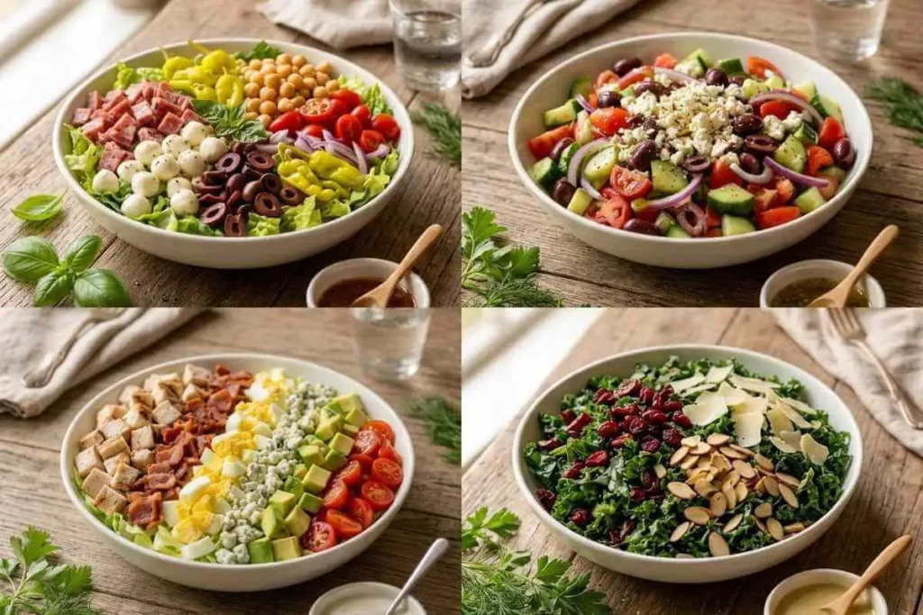 25 Best Chopped Salad Recipes (Easy, Fresh & Crowd-Pleasing) 1 Best chopped salad recipes featuring Italian, Greek, Cobb and Kale salads served in white bowls.